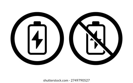 Set of battery charging icons showing charging allowed and charging prohibited symbols. Ideal for power status indicators, device battery restrictions, electrical safety signage, and technology user interface elements.