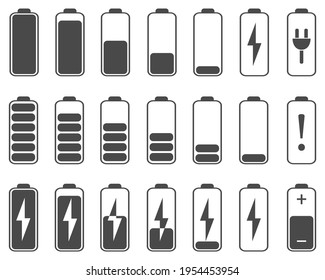 A set of battery charging icons.Battery charging indicator icons.Power level and battery charge.Flat vector illustration.