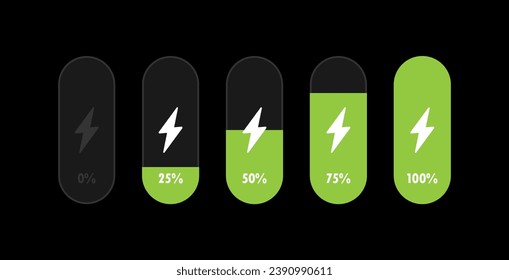 Conjunto de indicadores de carga de batería con símbolo y porcentajes de rayo. Nivel de carga de 0 a 100 %. Tecnología de carga inalámbrica rápida. Ilustración vectorial.