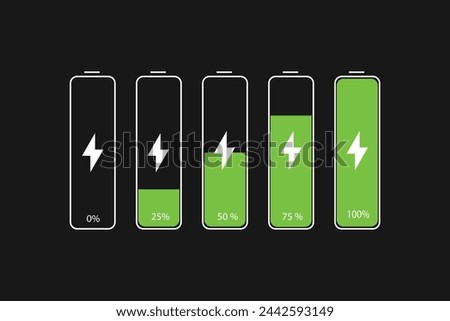 Set of battery charging indicators with lightning symbol and percentages. Charge level from 0 to 100 percentage on gray background. 