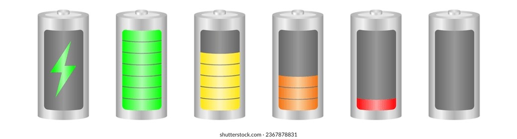 Set of Battery Charging Level für Smartphone oder Elektroauto. Wiederaufladbare elektrische Akkuenergie.  Erneuerbare Batterien Vektorgrafik. 