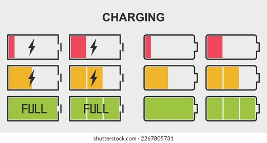 Set of battery charging process line vector icon.