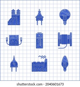 Set Battery, Coal power plant and factory, Light bulb, Wire electric cable on reel drum, Electric plug, Ampere meter, multimeter, voltmeter,  and Nuclear icon. Vector