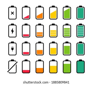 Set of battery colorful icons. Battery charge level indicators. Discharged battery and charged. Phone Battery life icon. Charging energy.