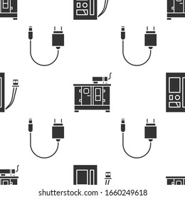 Set Battery, Diesel power generator and Charger on seamless pattern. Vector