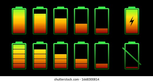 Set battery with different level of charge. Color collection of battery power. Wireless charging energy sign. Vector graphic design.