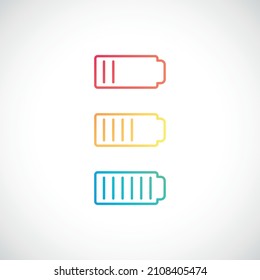 Set of battery with different level of charge. Battery indicator. Charging sign. Vector illustration.