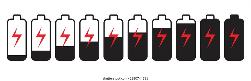 Set battery with different level of charge. Car battery indicator, battery charge signs. Wireless charging energy sign. Vector graphic design.