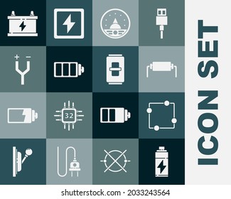 Set Battery, Electric circuit scheme, Resistor electricity, Ampere meter, multimeter, voltmeter, charge level indicator, cable, Car battery and light switch icon. Vector