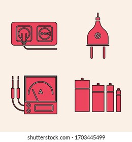 Batterien, elektrische Steckdose, Stromstecker und Ampere Zähler, Multimeter, Voltmeter-Symbol. Vektorgrafik