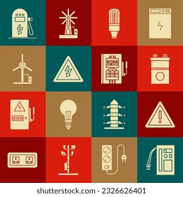 Set Battery, Exclamation mark in triangle, Car battery, LED light bulb, High voltage sign, Wind turbine, Electric car charging station and Electrical panel icon. Vector