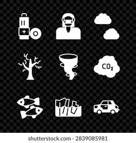 Set Battery, Face in protective mask, Cloud, Dead fish, Glacier melting, Car, Withered tree and Tornado icon. Vector
