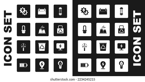 Set Battery, Factory, LED light bulb, Leaf plant in gear machine, Paper bag with recycle, Car battery, Lightning bolt and Wind turbine icon. Vector