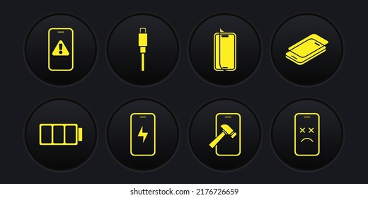 Set Battery, Glass screen protector, Mobile charging battery, with broken, USB cable cord, Dead mobile and exclamation mark icon. Vector