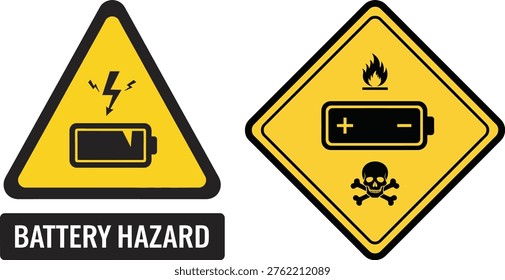 A set of battery hazard warning signs featuring a lightning bolt symbol for electrical danger and fire and poison symbols for chemical and fire risks.
