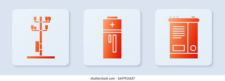 Set Battery, High voltage power pole line and Car battery. White square button. Vector