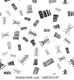 Set Battery, Battery, High voltage power pole line and High voltage power pole line on seamless pattern. Vector