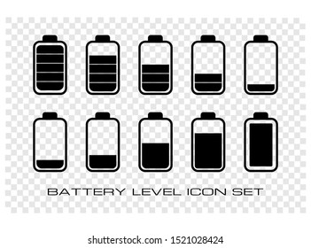 Set of Battery Icon. Consist of Eight Battery Level Status Icon Vector Illustration, Isolated on Transparent Background.