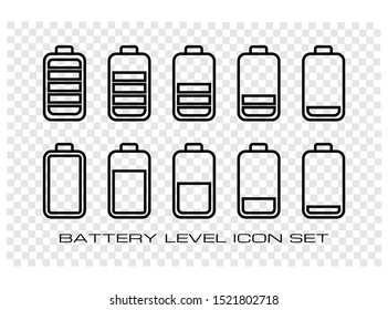 Set of Battery Icon. Consist of Ten Battery Level Status Icon Vector in Monoline Style, Isolated on Transparent Background.