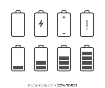 Set of battery icon. Flachbild-Handy-Interface-Symbol. Stromversorgung, Vollbatteriesymbol für mobile App, UI UX, Betriebssystem.