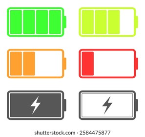 set of battery icon indicator. recharge power level display. battery level for electronic device.