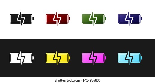 Set Battery icon isolated on black and white background. Lightning bolt symbol. Vector Illustration