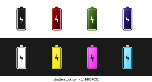 Set Battery icon isolated on black and white background. Lightning bolt symbol. Vector Illustration