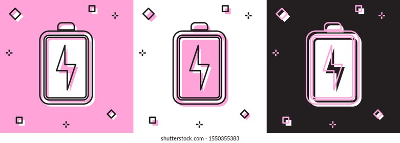 Set Battery icon isolated on pink and white, black background. Lightning bolt symbol.  Vector Illustration