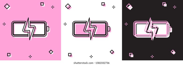 Set Battery icon isolated on pink and white, black background. Lightning bolt symbol.  Vector Illustration