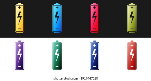 Set Battery icon isolated on black and white background. Lightning bolt symbol. Vector.