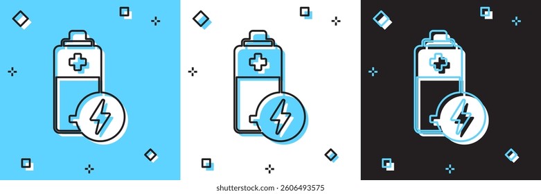 Set Battery icon isolated on blue and white, black background. Lightning bolt symbol.  Vector