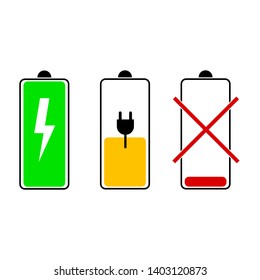 Set of battery icon. Low, full, half charge of phone. Electrical equipment. Vector flat design