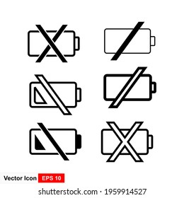 Set battery icon vector with a cross to indicate that the battery is empty, the charger is not charging.