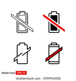 Set battery icon vector with a cross to indicate that the battery is empty, the charger is not charging.