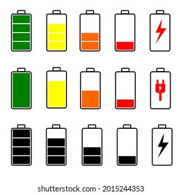 Conjunto de vectores de iconos de batería con diversas capacidades