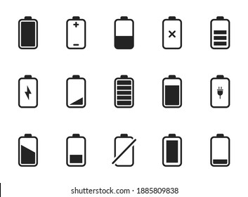 Set of battery icons. Battery charge level indicators. Discharged battery and charged. Charging energy. Collection of battery power.