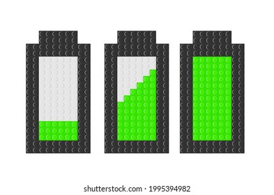 Set of battery icons with different charge levels on white background. Battery indicator with brick blocks toy. Vector illustration isolated on white background.