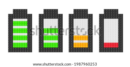 Set of battery icons with different charge levels on white background. Battery indicator with brick blocks toy. Vector illustration isolated on white background.