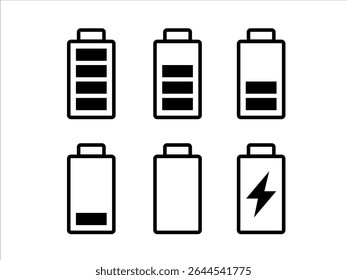 Conjunto de ícones da bateria. Símbolo de carga da bateria de energia. Nível de energia da bateria. 
