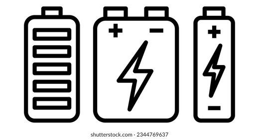 El conjunto de iconos de la batería incluye varios tamaños de batería y niveles de carga. Simboliza la energía portátil, el almacenamiento de energía y la comodidad de las baterías para dispositivos y equipos electrónicos.