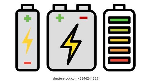 El conjunto de iconos de la batería incluye varios tamaños de batería y niveles de carga. Simboliza la energía portátil, el almacenamiento de energía y la comodidad de las baterías para dispositivos y equipos electrónicos.