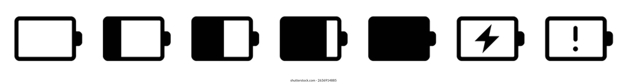 Set of battery icons in minimal vector style showing various charge levels and states like charging, full, empty, low power, and warning. Perfect for UI, apps, and web design.