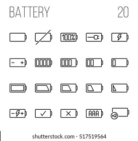 Set of battery icons in modern thin line style. High quality black outline charge symbols for web site design and mobile apps. Simple linear battery pictograms on a white background.