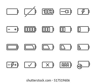 Set of battery icons in modern thin line style. High quality black outline charge symbols for web site design and mobile apps. Simple linear battery pictograms on a white background.