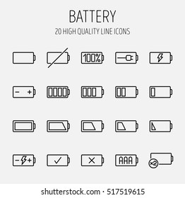 Set of battery icons in modern thin line style. High quality black outline charge symbols for web site design and mobile apps. Simple linear battery pictograms on a white background.