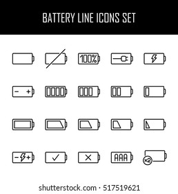 Set of battery icons in modern thin line style. High quality black outline charge symbols for web site design and mobile apps. Simple linear battery pictograms on a white background.