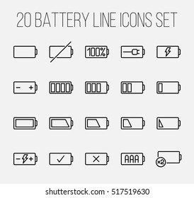 Set of battery icons in modern thin line style. High quality black outline charge symbols for web site design and mobile apps. Simple linear battery pictograms on a white background.