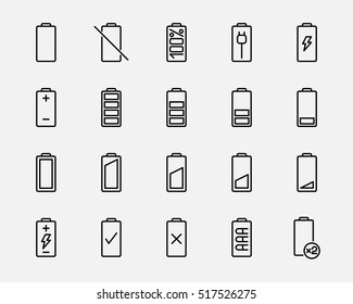 Set of battery icons in modern thin line style. High quality black outline charge symbols for web site design and mobile apps. Simple linear battery pictograms on a white background.