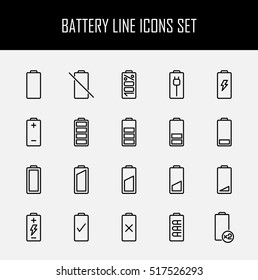 Set of battery icons in modern thin line style. High quality black outline charge symbols for web site design and mobile apps. Simple linear battery pictograms on a white background.