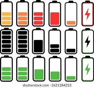 Set of Battery Icons Representing Different Battery Levels, Charging, and Battery Status